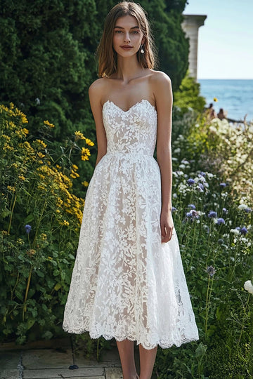 Ivory Lace A-Line Strapless Corset Engagement Dress